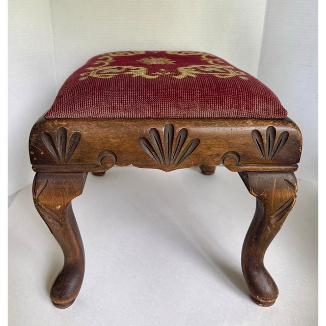 Burgundy Antique English Needlepoint Footstool With Carved Queen Anne Style Legs For Sale - Image 8 of 11