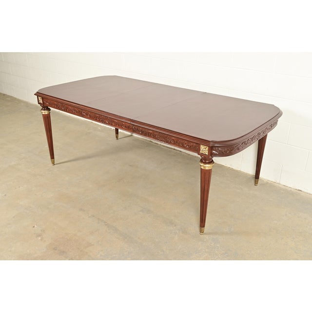 Maison Jansen Style French Regency Louis XVI Mahogany and Gilt Bronze Extension Dining Table, Newly Refinished For Sale - Image 15 of 15