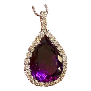 65 Carat Amethyst & 8.5 ct Diamond Pendant Necklace 14 Karat White Gold + Chain For Sale