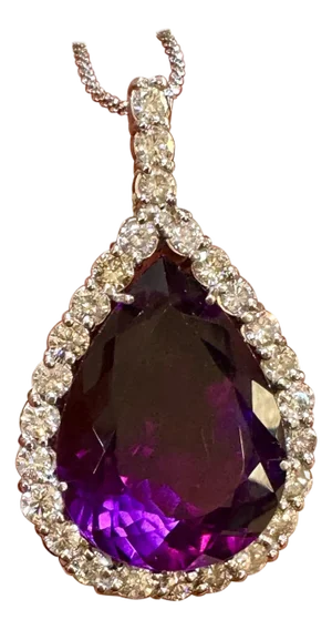 65 Carat Amethyst & 8.5 ct Diamond Pendant Necklace 14 Karat White Gold + Chain