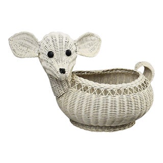Mid Century Modern White Rattan Wicker Lamb Children's Basket After Mario Lopez Torres For Sale