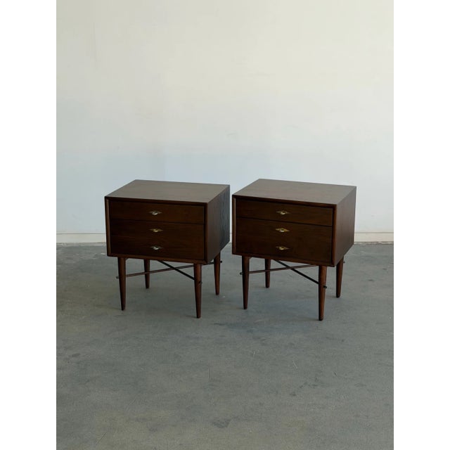 W22 H25.25 D17 D18 with handle Fully restored walnut nightstands in a dark finish. Each unit is structurally sound and...