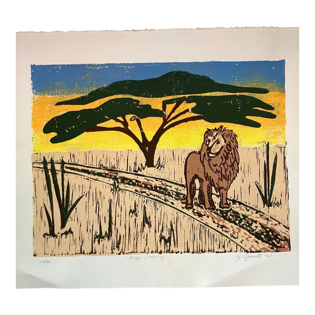 Contemporary Original Wood Block Print Lion “Kings Crossing” Signed For Sale