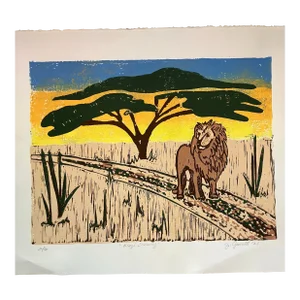 Contemporary Original Wood Block Print Lion “Kings Crossing” Signed