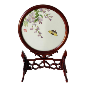 Antique Chinese Qing Dynasty Rosewood Silk Tablescreen