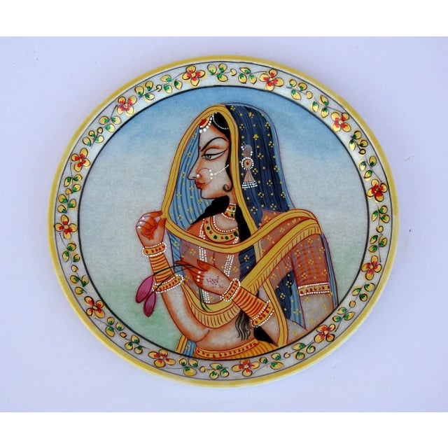 Art Deco Marble Handicraft Plate Rajasthani Women Bani Thani Tribal Ethnic Hand Painted For Sale - Image 3 of 8