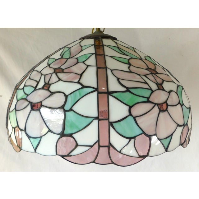 Metal Mid 20th Century Pink Green & White Floral Stained-Glass Chandelier For Sale - Image 7 of 10