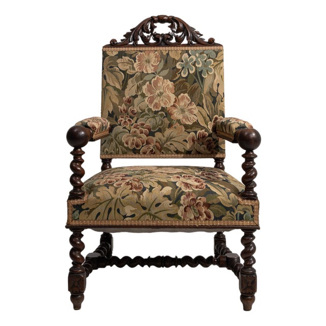 Jacobean Oak Upholstered Armchair with Floral Carving, Antique, France, Circa 1880 For Sale