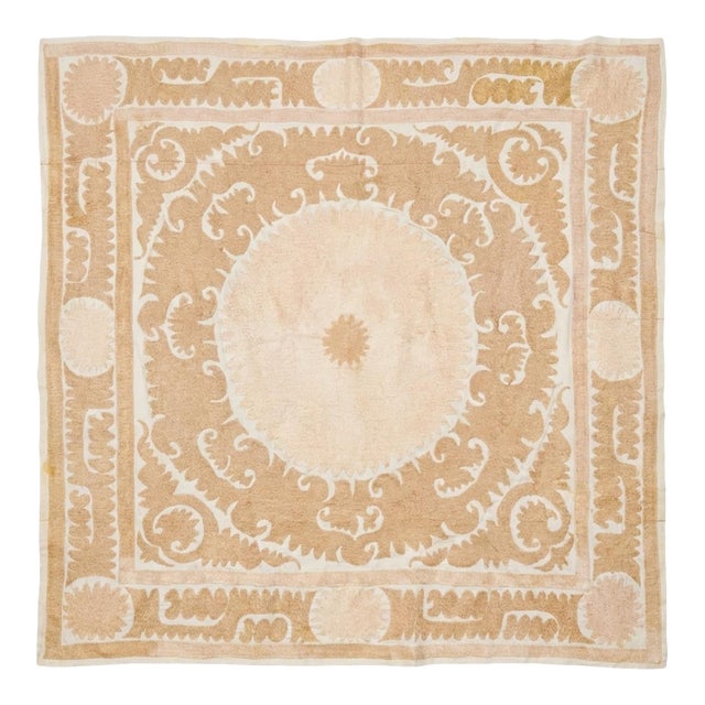 Neutral Tan Central Asian Suzani Tribal Textile For Sale