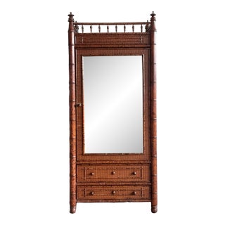 Vintage Boho Carved Bamboo Armoire For Sale