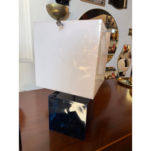 Table Lamp With Blue Murano Glass Base and Acrylic Shade, 1970s For Sale In Los Angeles - Image 6 of 9