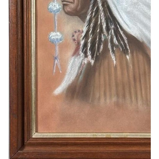 Wood Original Vintage 1978 Western Fine Art Native American Indian Chief Red Cloud Framed Pastel Portrait Drawing For Sale - Image 7 of 9