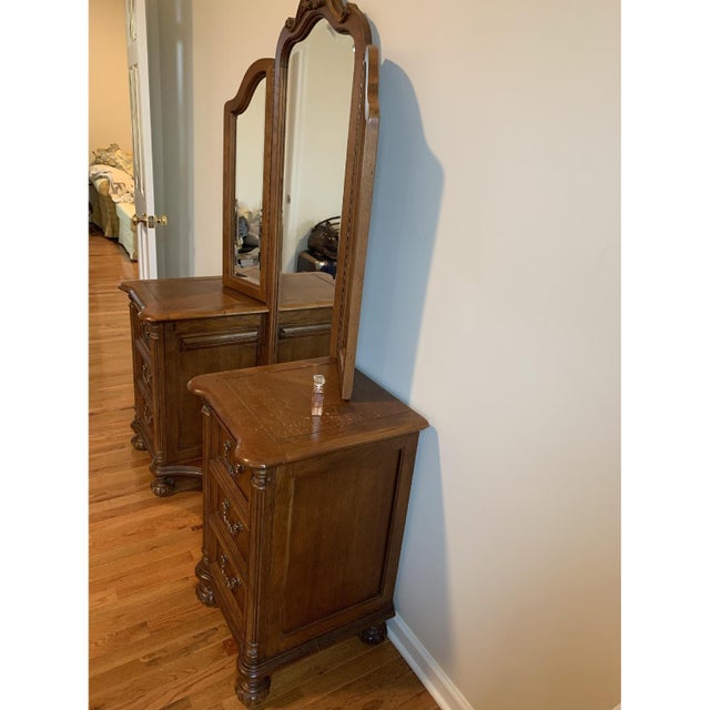 Antique Vanity Dresser With Full Floor Length Trifold Triptych Mirror Chairish This is a wonderful antique victorian vanity mirror with an ornate brass frame and an easel back.
