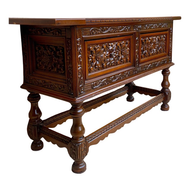 Spanish Console Table with Four Carved Drawers, 1930s For Sale