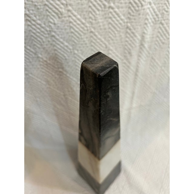 Dark Gray Contemporary Two Toned Grey Marble Obelisk With Brass Inlay For Sale - Image 8 of 11