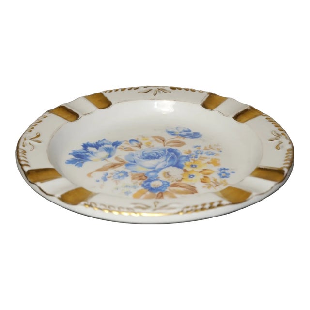 Vintage Mid 20th Century Czech Concordia Lesov Porcelain Gilded Floral Motif Ashtray For Sale