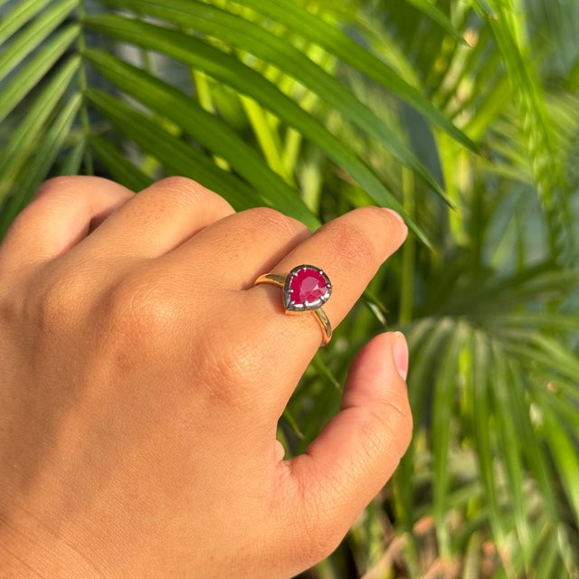 18k Gold Solitaire 2.39 Ct Ruby Pear Engagement Ring Size 5 With Black Rhodium For Sale - Image 12 of 16