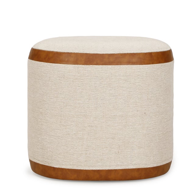 Boho Chic Huche Cotton Jute and Vegan Leather Oval Ottoman For Sale - Image 3 of 7