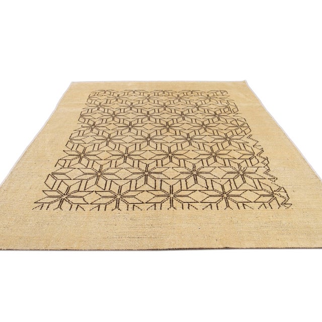 Contemporary Modern Beige Deco Style Handmade Geometric Floral Wool Rug For Sale - Image 3 of 9