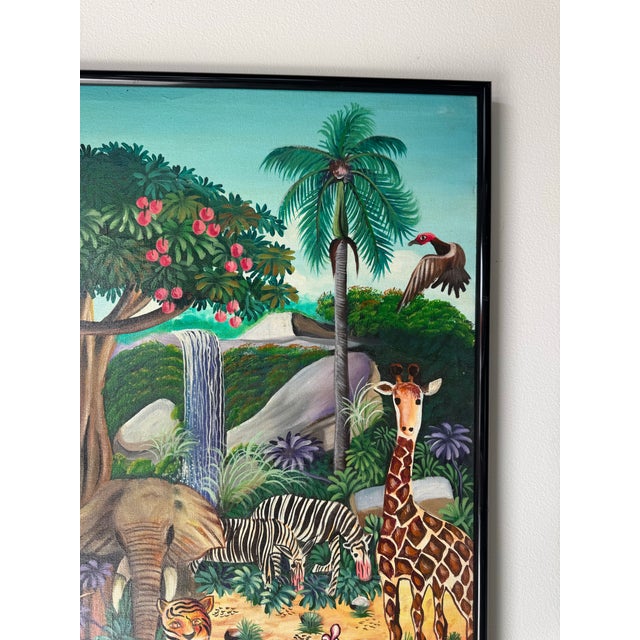 1970’s Vintage Haitian Naïve Tropical Jungle Landscape Oil on Canvas Painting by J. Remy Etienne For Sale In Miami - Image 6 of 11