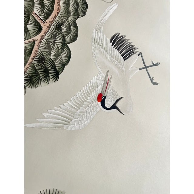 Chinoiserie On Sale Pine Trees With Cranes Wallpapers Chinoiserie Panels Hand Painted Artworks For Sale - Image 3 of 3