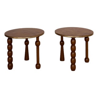 Late 20th Century Pair of Burlwood Drinks Tables With Turned Legs and Brass Bound Tops For Sale