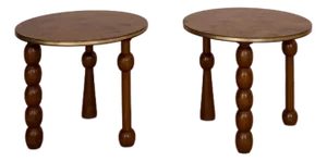 Late 20th Century Pair of Burlwood Drinks Tables With Turned Legs and Brass Bound Tops
