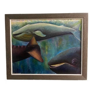Original Oil Painting Whale Art Signed Diane McGrath 32 X 26 Framed Marine Life For Sale