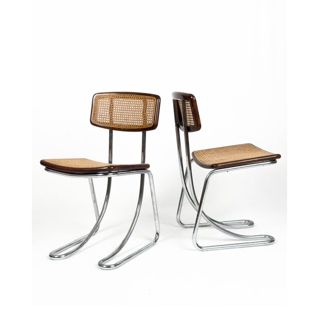 Mid-Century Modern Vintage Cantilever Chairs in Chrome, Wood and Vienna Straw, 1970s, Set of 4 For Sale - Image 3 of 14