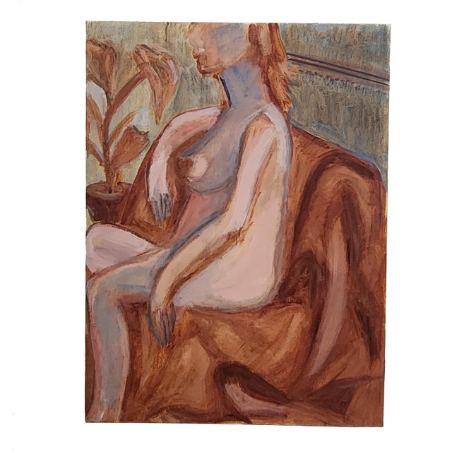 Mid-Century Modern Female Nude Painting – Warm Earth Tones, Vintage Figurative Art For Sale