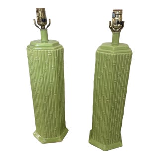 Vintage Chartreuse Faux Bamboo Ceramic Lamps For Sale