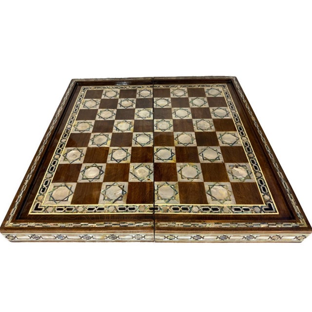Handmade Mother of Pearl Backgammon & Chess Board 21” Wooden Game Set For Sale - Image 9 of 11