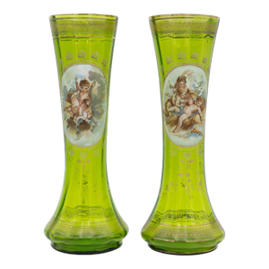 Pair of Antique Enameled Bohemian Green Glass Vases