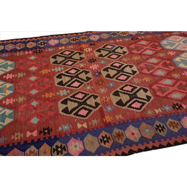 Brick Red Vintage Kilim Rusted Handmade Flatweave Geometric Wool Runner For Sale - Image 8 of 11