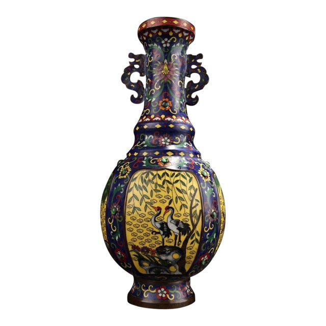 Monumental Vintage Chinese Cloisonné Enamel "Cranes & Bamboo" Vase - 3940g, 40cm For Sale