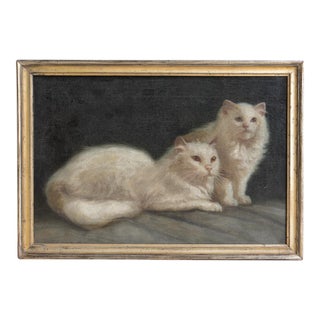 Portrait of a Pair of White Cats, Antique Original Oil Painting, Attributed to Arthur Heyer, Late 19th/Early 20th C. For Sale