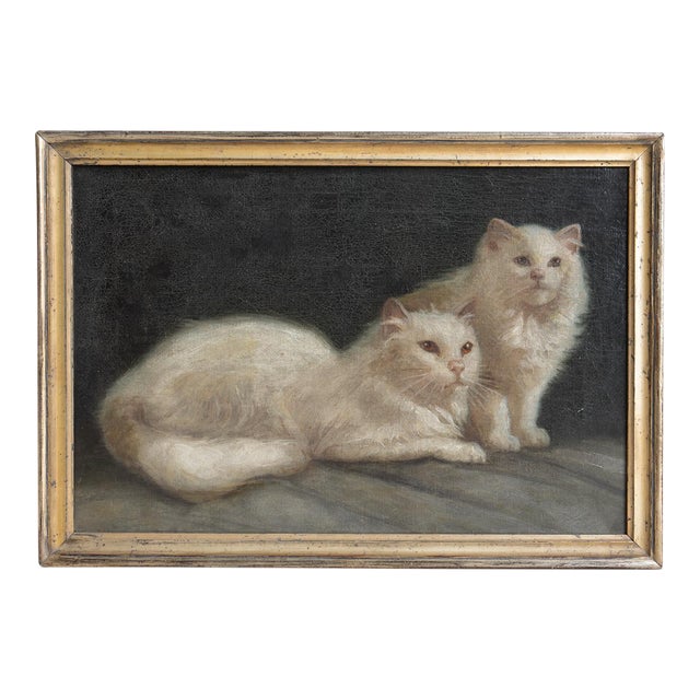 Portrait of a Pair of White Cats, Antique Original Oil Painting, Attributed to Arthur Heyer, Late 19th/Early 20th C. For Sale
