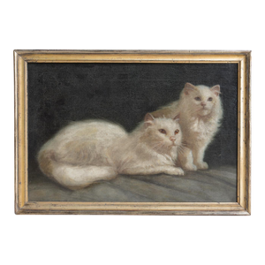 Portrait of a Pair of White Cats, Antique Original Oil Painting, Attributed to Arthur Heyer, Late 19th/Early 20th C.
