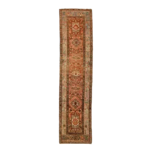 Rust Antique Handmade Heriz Wool Runner With Tribal Design