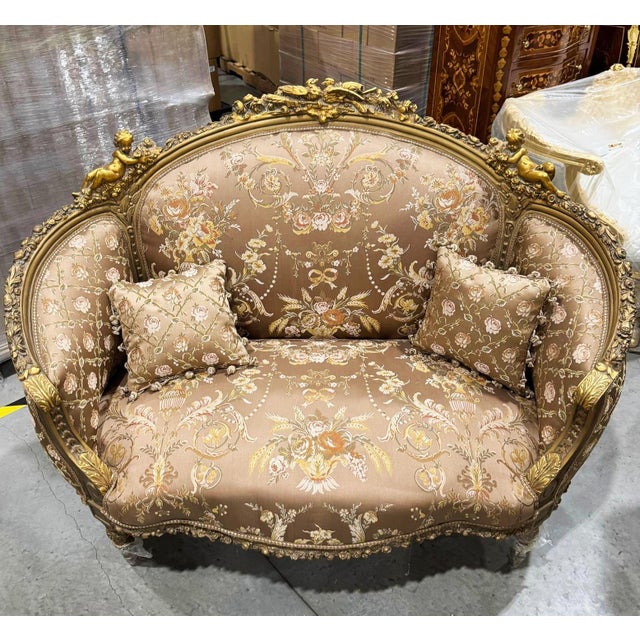 In love with the color of this piece. Beautiful settee/sofa. Fully refinished in new gold leaf and padding. We changed the...