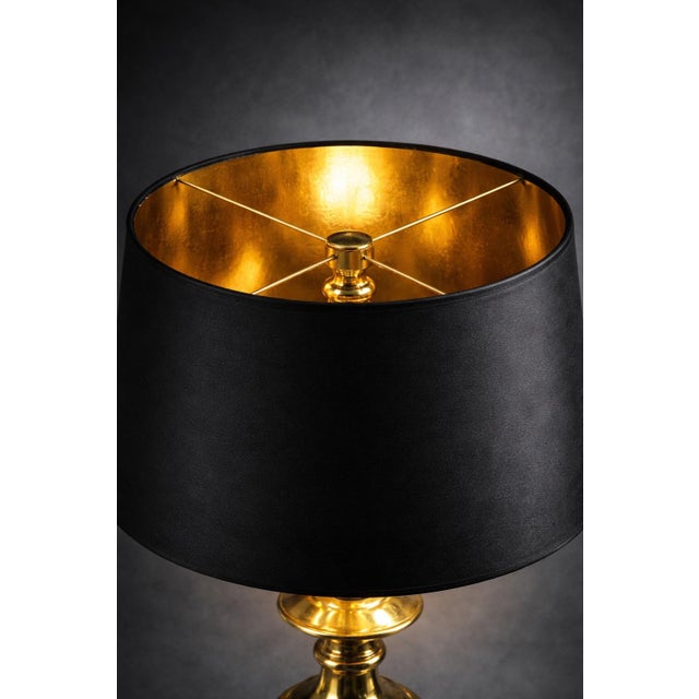 Hollywood Regency Vintage Hollywood Regency Brass Urn Table Lamp With Black Drum Shade & Gold Interior – 34” For Sale - Image 3 of 6