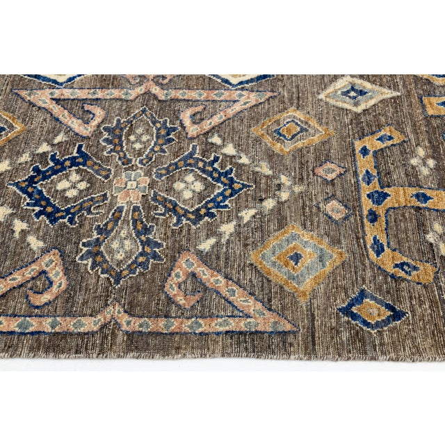 Modern Tulu Style Wool Area Rug – Geometric Tribal Motif in Earthy Brown & Cream For Sale - Image 10 of 11
