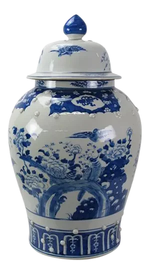 Chinese Blue and White Porcelain Ginger Jar With Flowers & Flying Birds
