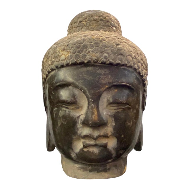 Chinese Oriental Black Gray Stone Carved Buddha Head Figure For Sale