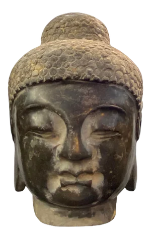 Chinese Oriental Black Gray Stone Carved Buddha Head Figure