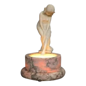 Antique Alabaster Sculpture Statue of Nude Bather on Rose Marble Lamp Base