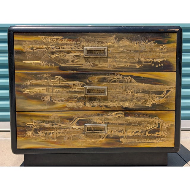 Mid-Century Modern 1970s Acid-Etched Brass & Ebony Lacquer Chest by Bernhard Rohne for Mastercraft For Sale - Image 3 of 12