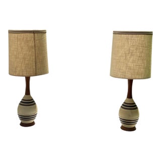 1960s Mid-Century Drip Pottery Table Lamps With Shades - a Pair For Sale