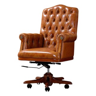 Luxury Tufted Cognac Leather Executive Swivel Office Chair For Sale