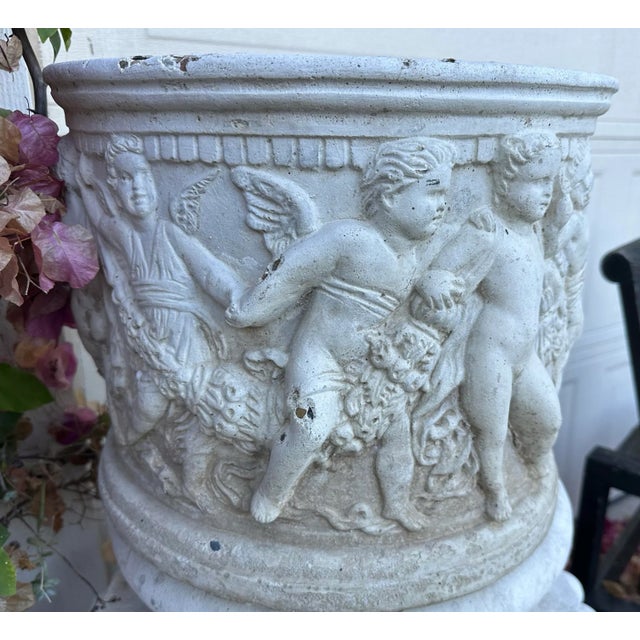 Antique Round White Cement Relief Cherub Planter For Sale In San Diego - Image 6 of 12